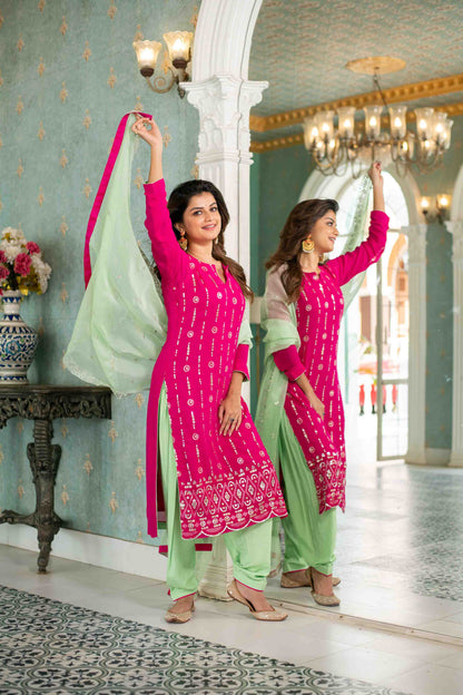 Rani Pink And Sea Green Kurta Set