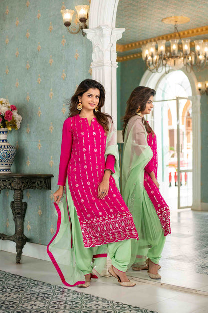 Rani Pink And Sea Green Kurta Set