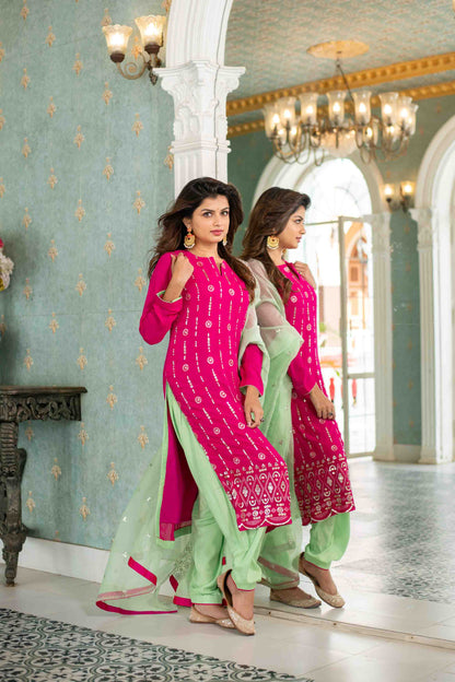 Rani Pink And Sea Green Kurta Set
