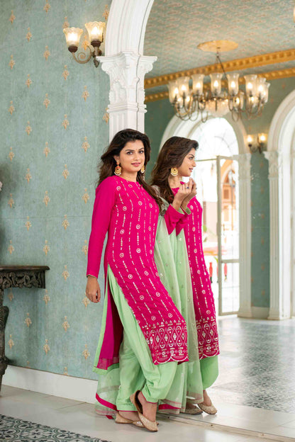 Rani Pink And Sea Green Kurta Set