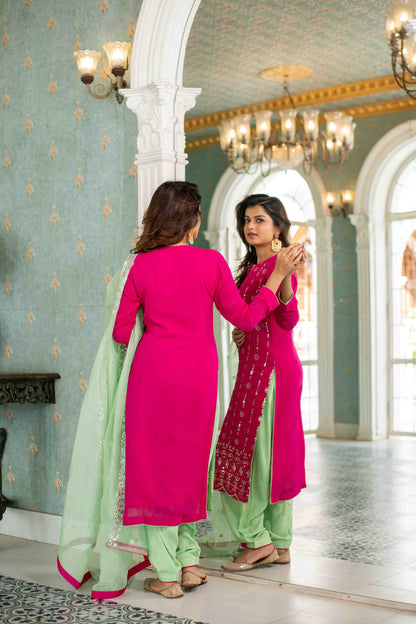Rani Pink And Sea Green Kurta Set