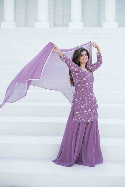 Lilac Thread Work Georgette Kurta Set