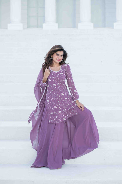 Lilac Thread Work Georgette Kurta Set