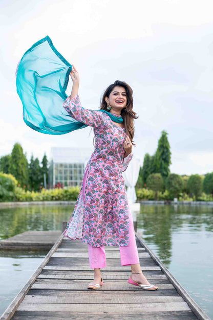 Baby Pink Self Embroidery cotton Kurta Set