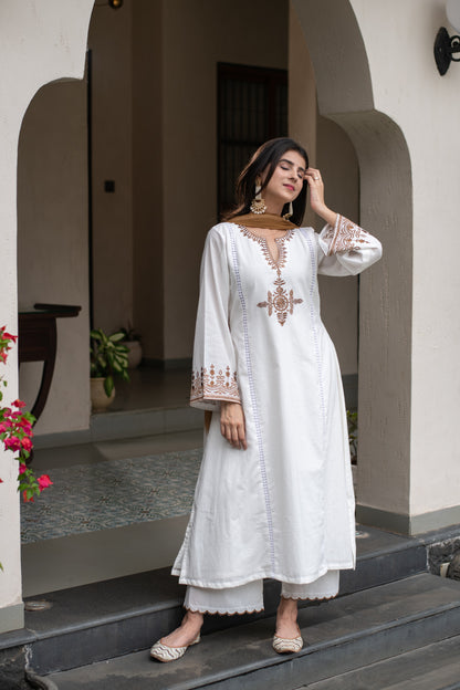 White Emb A line kurta Set