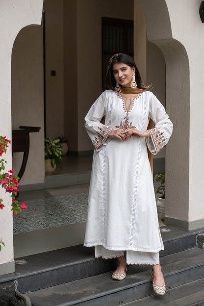 White Emb A line kurta Set