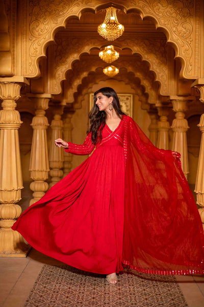 Red Chanderi Long Gown With Dupatta