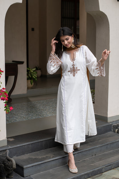 White Emb A line kurta Set