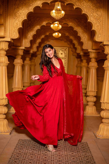 Red Chanderi Long Gown With Dupatta