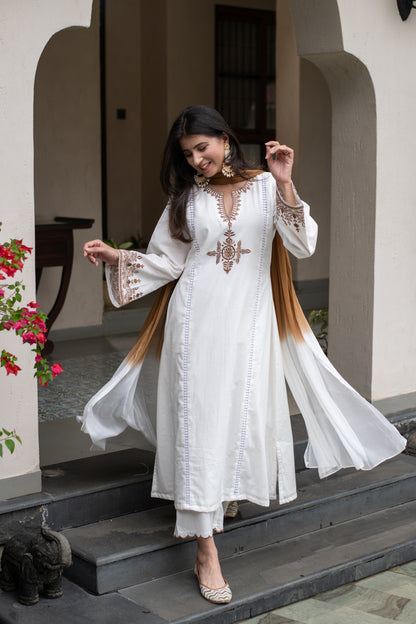 White Emb A line kurta Set