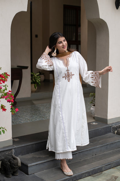 White Emb A line kurta Set