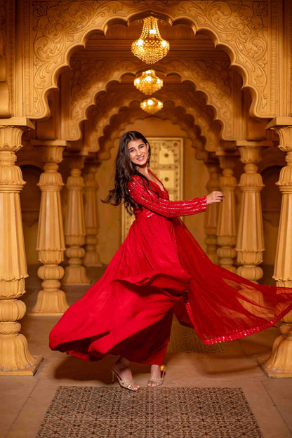 Red Chanderi Long Gown With Dupatta