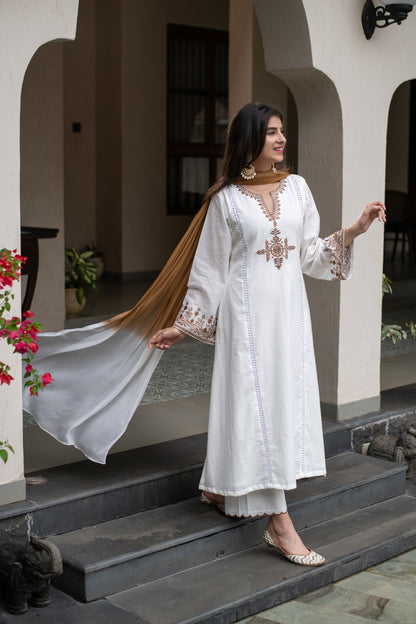 White Emb A line kurta Set
