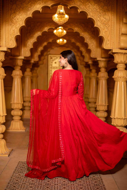 Red Chanderi Long Gown With Dupatta