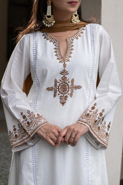 White Emb A line kurta Set