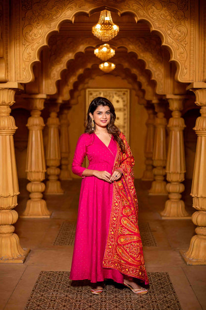 Pink Chanderi Overlap Long Anarkali Set