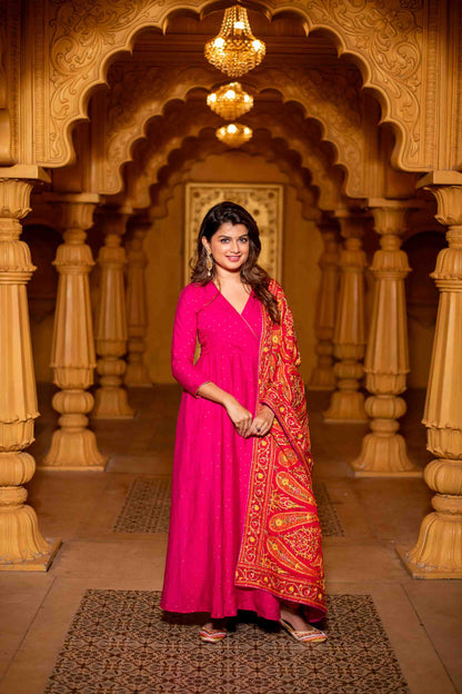 Pink Chanderi Overlap Long Anarkali Set