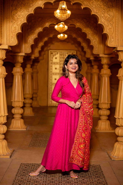 Pink Chanderi Overlap Long Anarkali Set