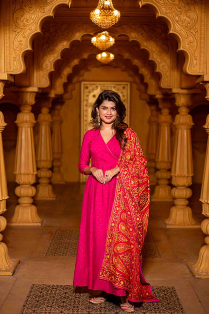 Pink Chanderi Overlap Long Anarkali Set