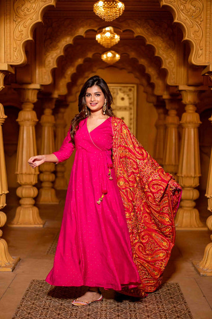 Pink Chanderi Overlap Long Anarkali Set