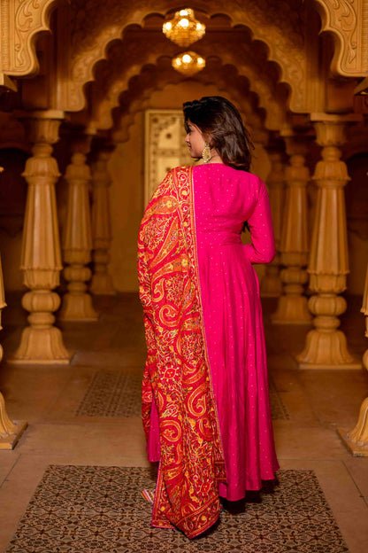 Pink Chanderi Overlap Long Anarkali Set
