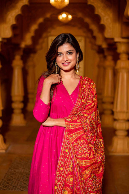 Pink Chanderi Overlap Long Anarkali Set