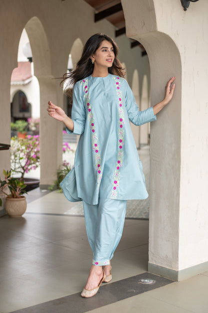 Powder Blue Floral Emb Co-ord Set