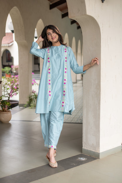 Powder Blue Floral Emb Co-ord Set