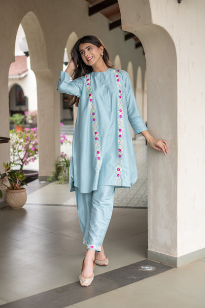 Powder Blue Floral Emb Co-ord Set
