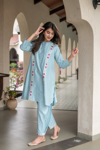 Powder Blue Floral Emb Co-ord Set