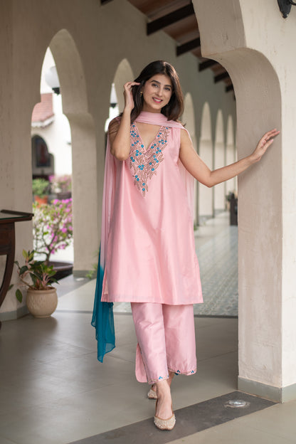 Powder Pink Emb Kurta Set