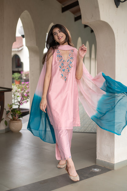 Powder Pink Emb Kurta Set