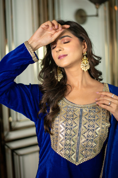 Velvet Electric Blue Long Slit Kurta Set