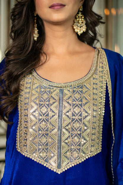 Velvet Electric Blue Long Slit Kurta Set