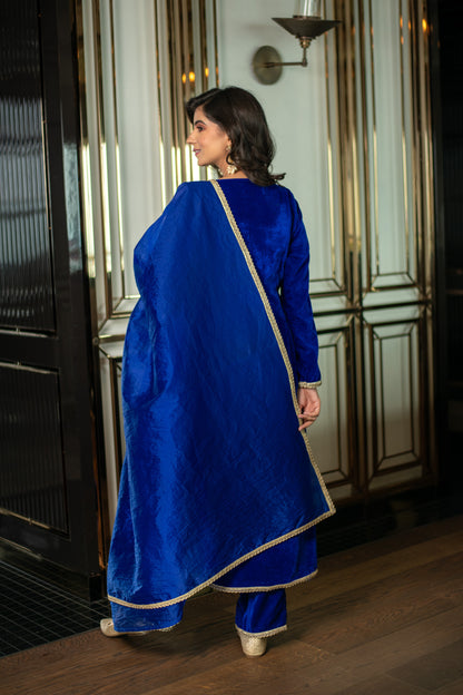 Velvet Electric Blue Long Slit Kurta Set
