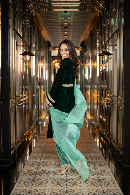 Velvet Bottle Green and Mint Green Salwar Set