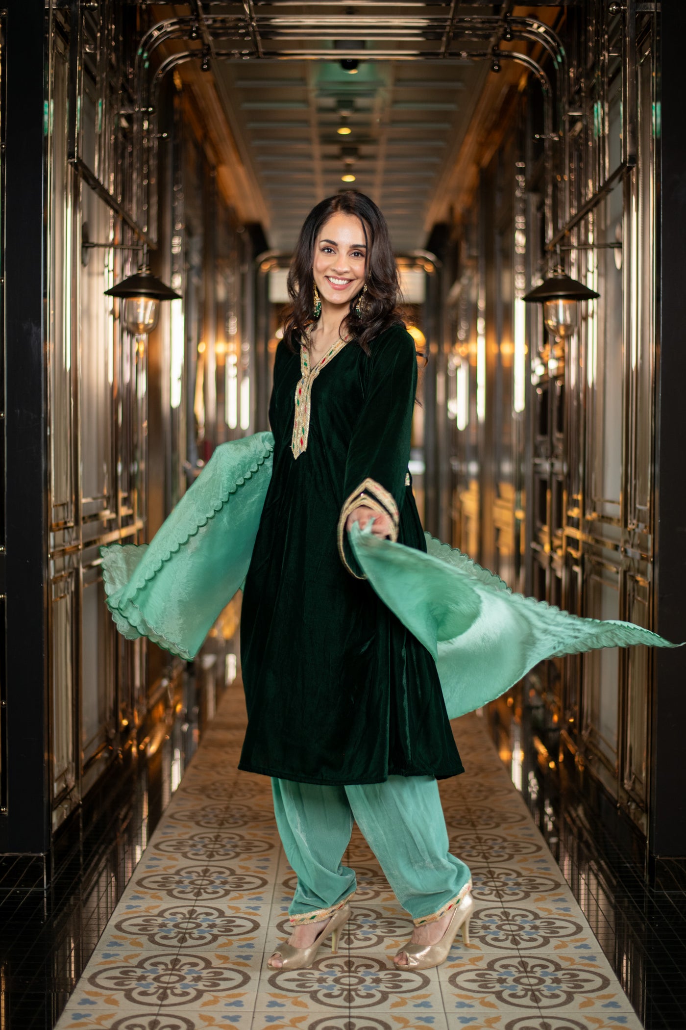 Velvet Bottle Green and Mint Green Salwar Set Velvet Bottle Green and Mint Green Salwar Set