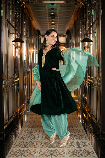 Velvet Bottle Green and Mint Green Salwar Set
