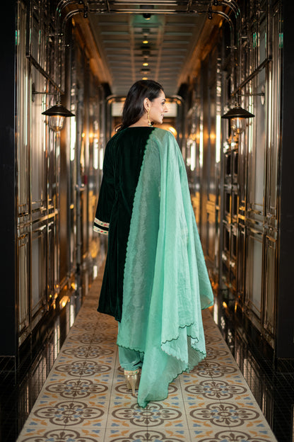Velvet Bottle Green and Mint Green Salwar Set