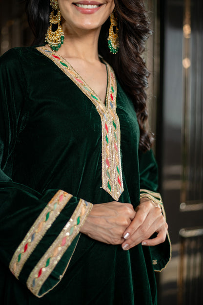 Velvet Bottle Green and Mint Green Salwar Set