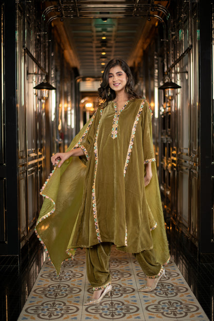 Velvet Olive Green Salwar Set