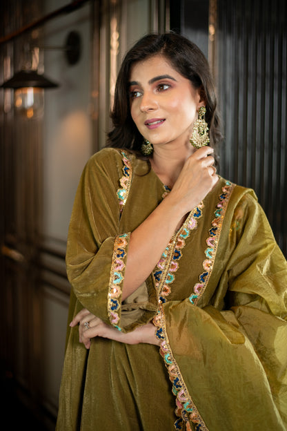 Velvet Olive Green Salwar Set