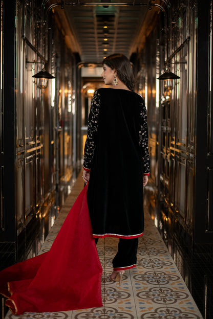 Velvet Black Pannel Kurta Set
