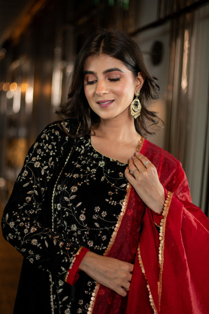 Velvet Black Pannel Kurta Set
