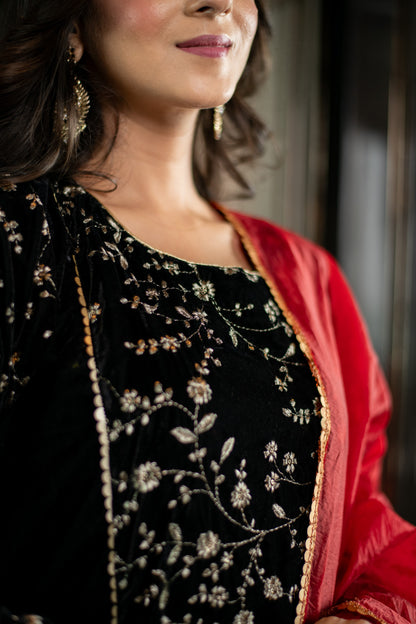 Velvet Black Pannel Kurta Set