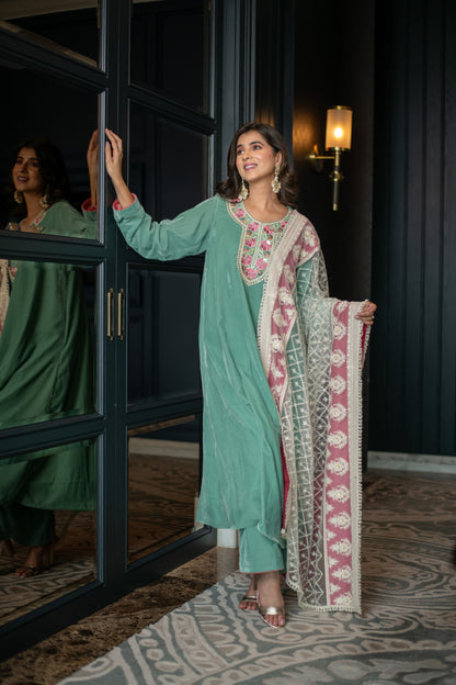Velvet Mint Green Kurta Set With Thread Work Dupatta