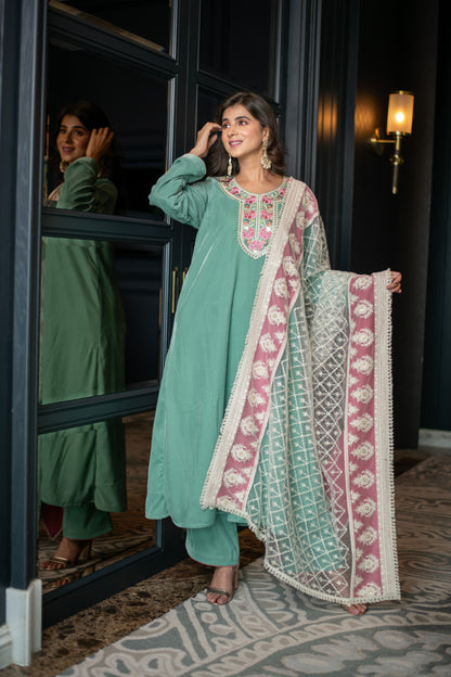 Velvet Mint Green Kurta Set With Thread Work Dupatta
