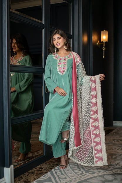 Velvet Mint Green Kurta Set With Thread Work Dupatta