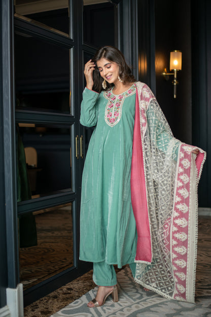 Velvet Mint Green Kurta Set With Thread Work Dupatta