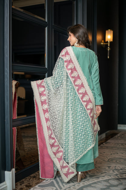 Velvet Mint Green Kurta Set With Thread Work Dupatta